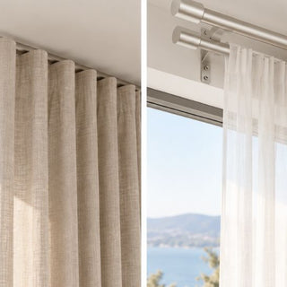 Jednokanalna i dvokanalna garnišna sa belim zavesama i krem draperima